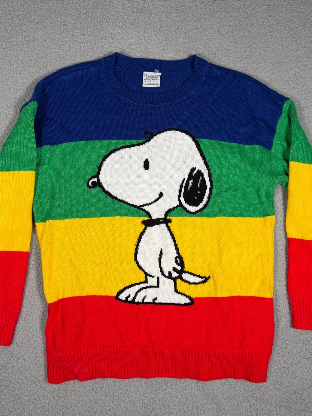Peanuts Multicolor Snoopy Stripe Crewneck Sweater Rainbow Large